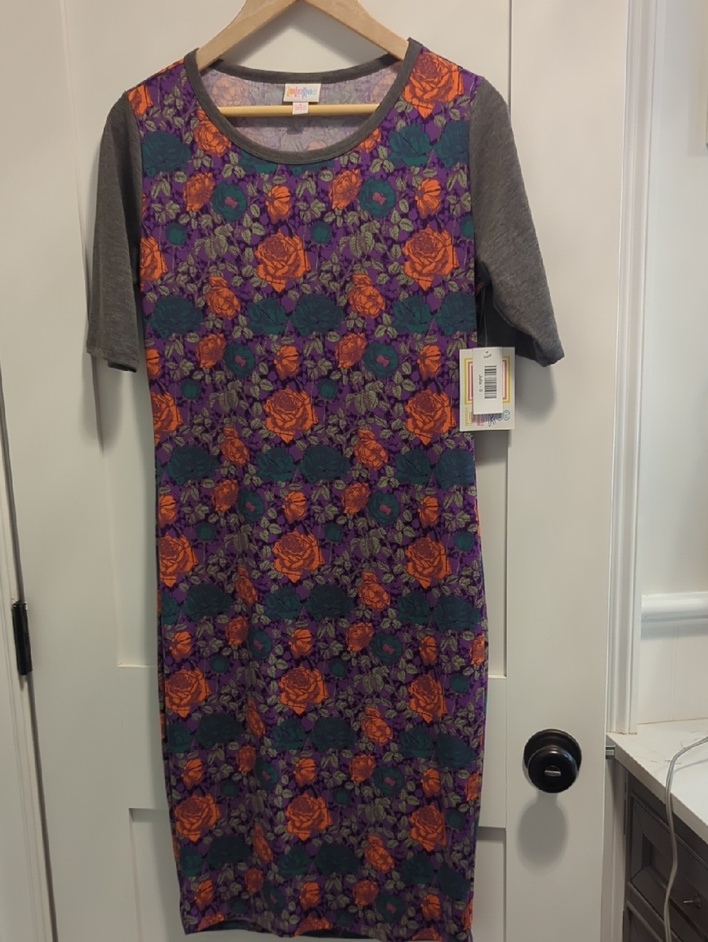 LuLaRoe Purple Floral Midi Dress with Orange & Teal Roses